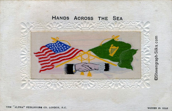 Alpha series postcard of Stevens Hands Across the Sea, with woven flags of USA and Ireland