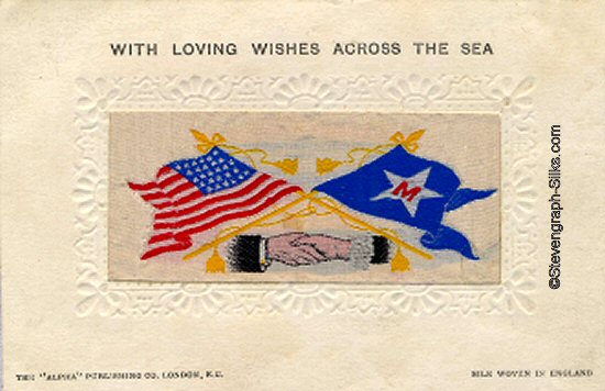 Alpha series postcard of Stevens Hands Across the Sea, with woven flags of USA and Morgan Line