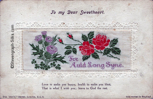 Alpha series postcard with woven FOR AULD LANG SYNE words, with printed title and words below silk