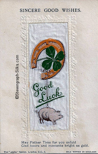 Alpha series postcard with woven GOOD LUCK words, image of four-leaf clover and a pig, with printed title