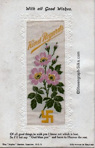 Stevens Alpha series postcard with image of a wild roses and title words