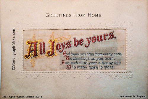 Alpha series postcard with woven words ALL JOYS BE YOURS, with printed title
