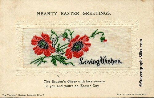 Alpha series postcard with woven LOVING WISHES words, image of poppies, with printed title and words below silk