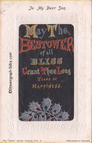 Stevens Alpha series postcard with woven MAY THE BSTOWER OF ALL BLISS words from the Stevens bookmark, with printed title