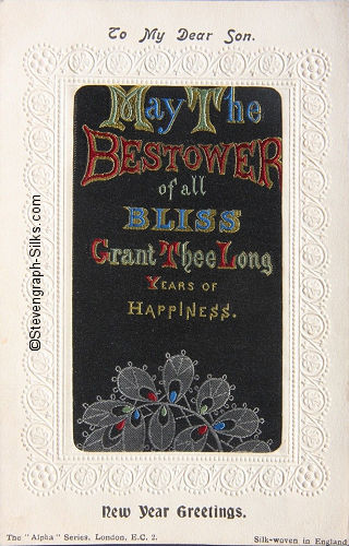 Stevens Alpha series postcard with woven MAY THE BSTOWER OF ALL BLISS words from the Stevens bookmark, with printed title