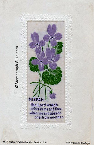 Stevens Alpha series postcard with woven MIZPAH words and various printed words
