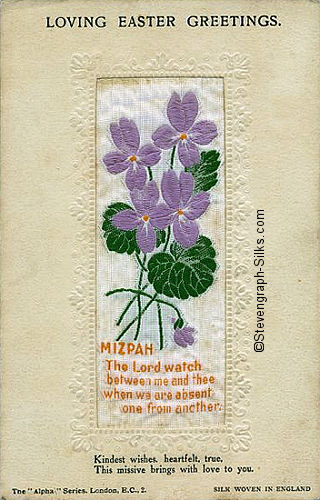 Stevens Alpha series postcard with bright woven flowers and words