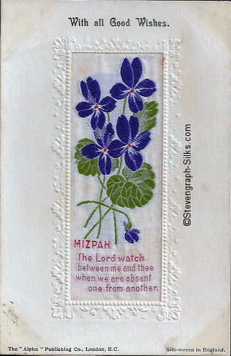 Stevens Alpha series postcard with woven MIZPAH words and various printed words