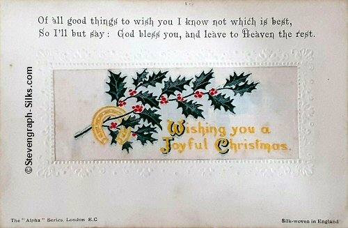 Alpha series postcard with woven WISHING YOU A JOYFUL CHRISTMAS words, printed title and words below silk