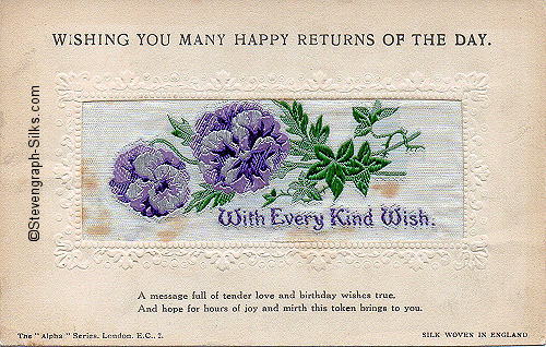 Alpha series postcard with woven WITH EVERY KIND WISH words, with printed title