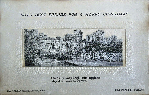 Alpha series postcard with no woven words, just picture of Warwick Castle, with printed title and words below silk