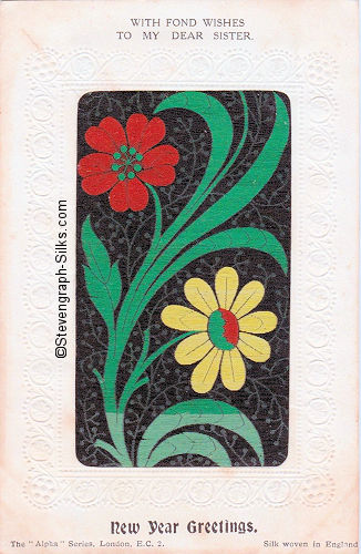 Stevens Alpha series postcard with woven image of red and yellow flowers on a branch, from the Stevens bookmark, with printed title
