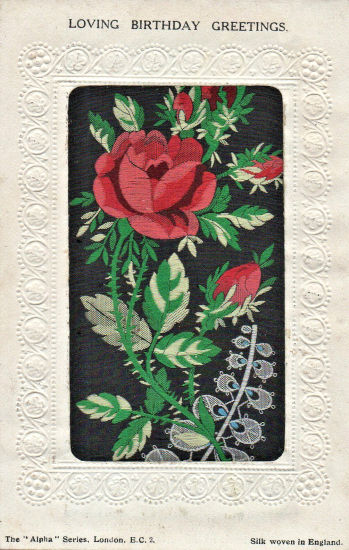 Stevens Alpha series postcard with roses, leaves and silver fern
