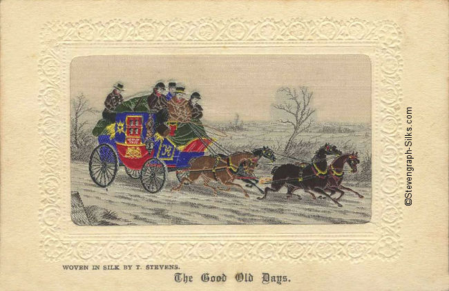 Winter scene of stagecoach pulled by four horses.