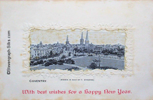 Black and white view of Coventry city in circa 1900, with seasonal overprinting