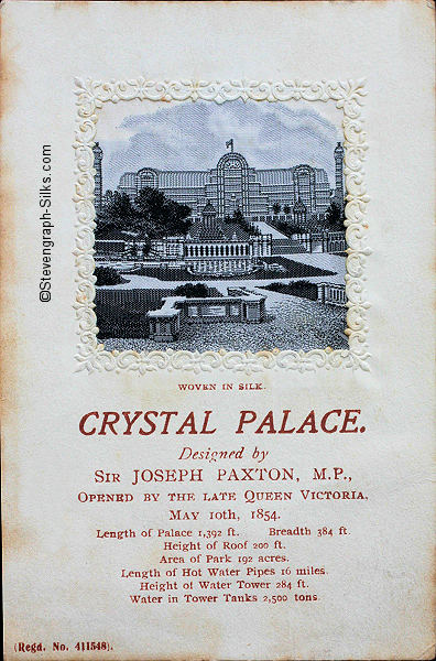 Black and white view of the Crystal Palace, with details of the building printed on the card