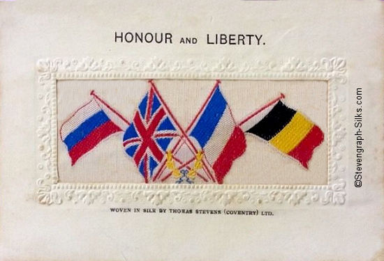 Woven silk with four flags and printed title above silk panel