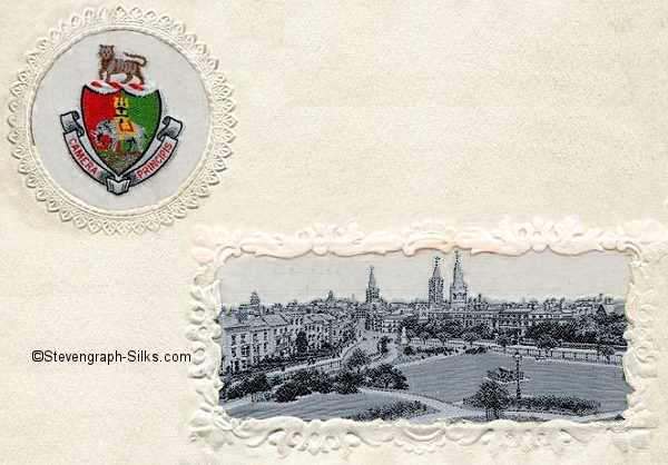 Composite postcard with two mounted silks, one of the Coventry Coat of Arms, the other a view of Coventry Greyfriars Green