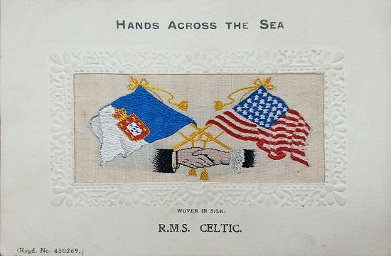 Image of old Kingdom of Portugal flag and USA flag, with man & womans shaking hands