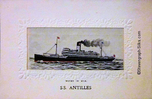 Ocean liner sailing at speed, with a single funnel and two masts