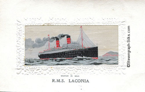Ocean liner sailing right, with two red funnels and two masts
