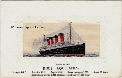Ocean liner steaming right, with four funnels and two masts