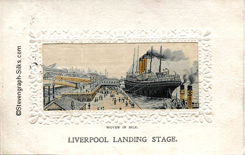 View of Liverpool landing stage, with ocean liner tied up with a tug behind with brown funnels, and passengers walking on the docks