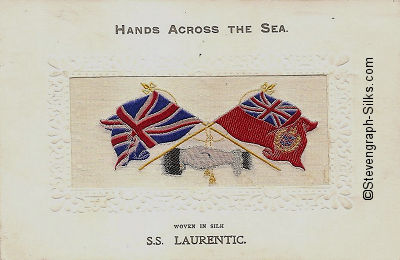 Hands Across The Sea silk postcard with clasped hands, flags and tassles