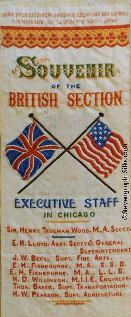 Bookmark with words, image of USA and British flags and names of the executive staff in Chicago