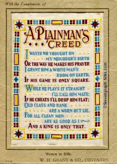 woven silk with title of A Plainman's Creed and inspirational words