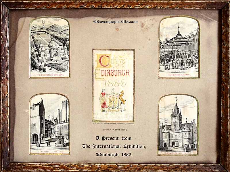 Five silk pictures in one frame, with the title, 'A Present from the International Exhibition, Edinburgh 1886'.  The mount contains the 'City of Edinburgh 1886 & City Arms' and individual silks of 'The Exhibition Building', 'The Band Stand', 'The Old Tolbooth' and 'The Netherbow Port'