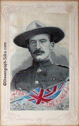 Postcard of General Baden Powell, with title woven on ribbon