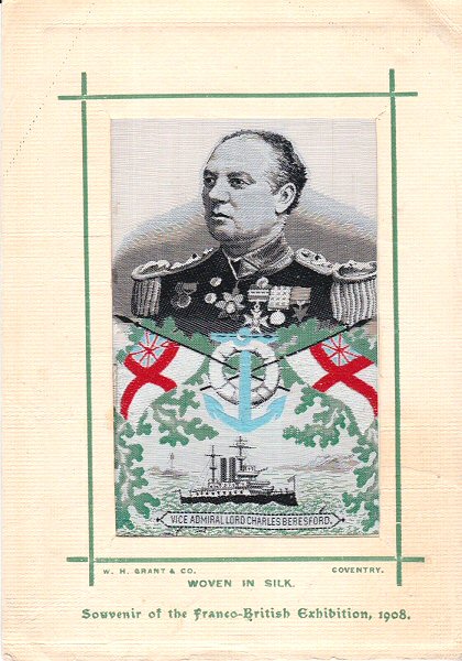 Colour image of Lord Beresford in his naval uniform, together with images of flags, anchor, lifebelts and his flag ship