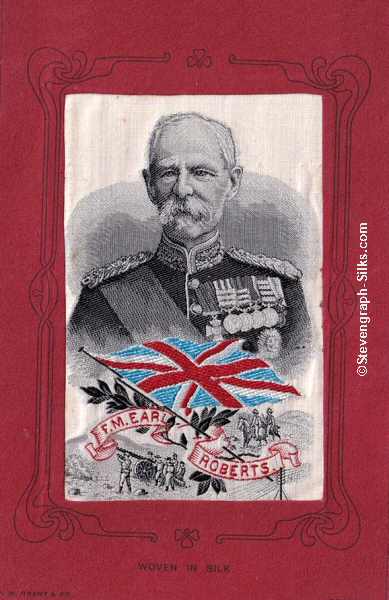 Silk postcard with portrait of Field Marshall Earl Roberts, mounted in red card