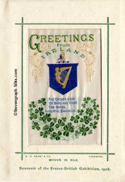 postcard with title words, words of a verse and images of shamrock