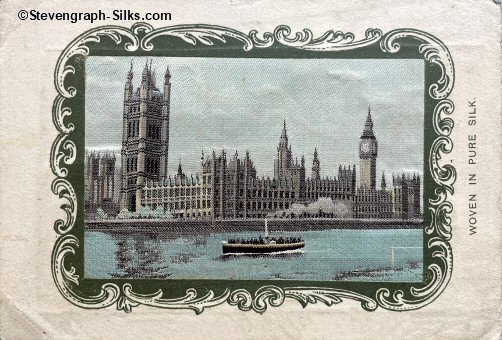 colour image of Houses of Parliament and boat on the River Thames - but no title woven on silk