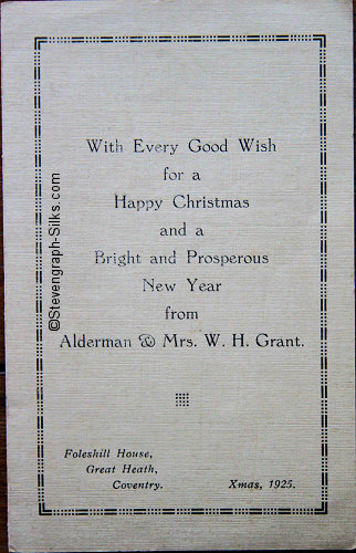 front cover of Grant 1925 Christmas card, with words of good wishes etc. with Alderman & Mrs Grant name