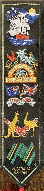 J & J Cash bookmark woven in Australia, with title words and various australian symbols