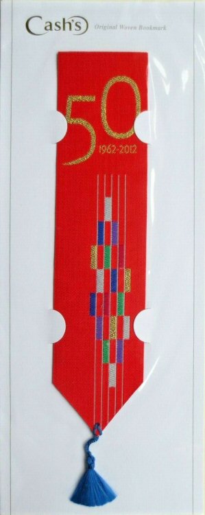 J & J Cash woven promotional bookmark with number 50 and dates 1962 - 2012 only; being Coventry Cathedral's 50th Anniversary