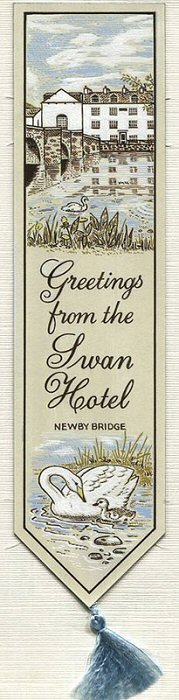 J & J Cash woven bookmark, with words and image of the hotel, bridge, river and swan