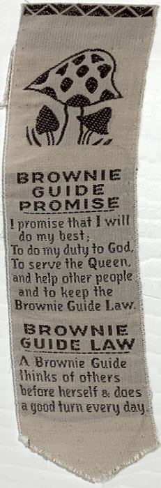 J & J Cash bookmark woven with title words, words of the Brownie Promise and image of a toadstool