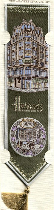 Cash's woven bookmark, with title words and image of the Harrods shop