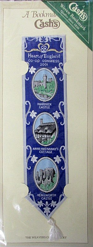 J & J Cash woven bookmark, with title words and views of Warwick landmarks