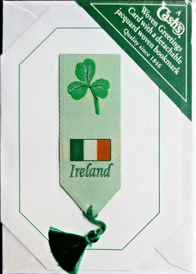 Cash's greeting card, with an attached woven bookmark titled: IRELAND