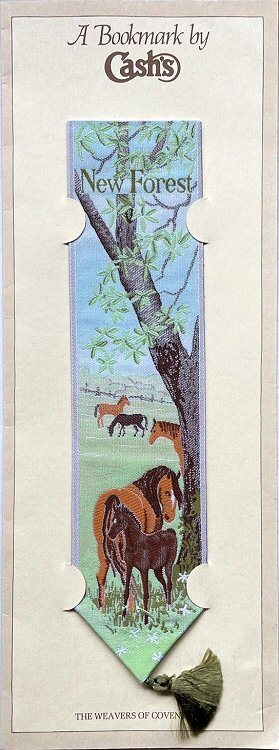 J & J Cash woven bookmark, with title words, and  images of ponies