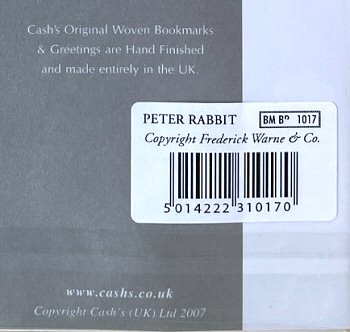 woven J & J Cash name on the reverse top turn-over of this bookmark