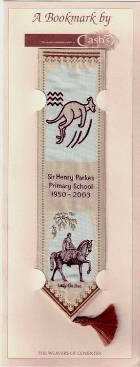 Cash's woven bookmark with title words and images of a kangaroo and the Lady Godiva Statue