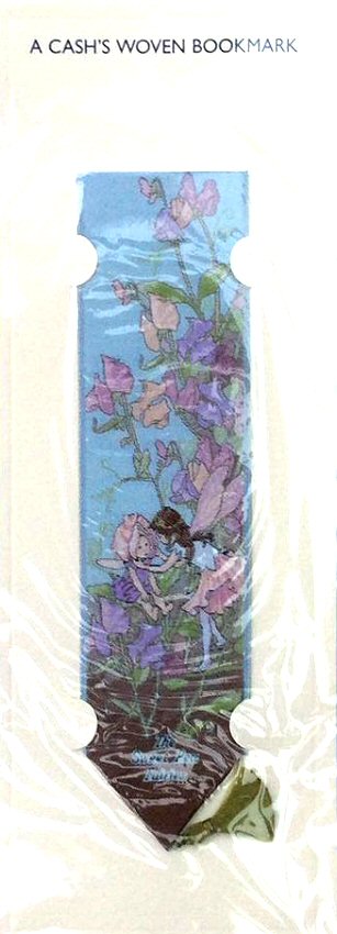 Cash's bookmark with image of sweet pea flowers, a fairy and woven title words