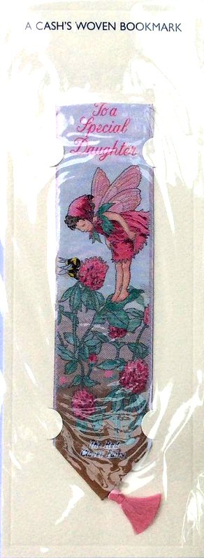 Cash's woven bookmark with title words and image of a Red Clover Fairy