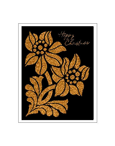 J & J Cash woven Christmas card, with words, and image of a gold coloured contemporary Poinsettia, and titled: POINSETTIA